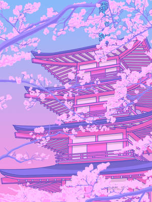 Pastel Japanese Aesthetic Pink Pagoda Wallpaper
