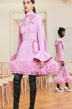 Patou's Pink Feather Cape Dress In A Stunning Pose Wallpaper