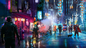 People Walking On The Street At Night Wallpaper