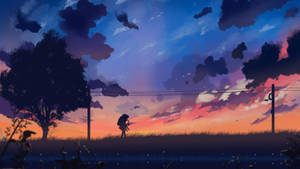 Piggyback Sunset Aesthetic Anime Scenery Wallpaper