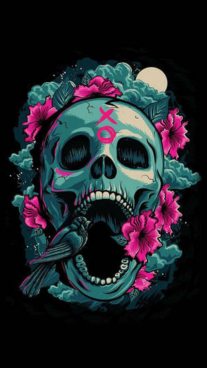 Pink And Teal Day Of The Dead Skull Wallpaper