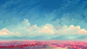 Pink Flower Field Aesthetic Art Desktop Wallpaper