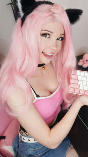 Pink Haired Cosplayerwith Keyboard Wallpaper