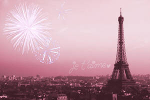 Pink Paris Eiffel Tower With Fireworks Wallpaper