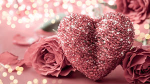 Pink Rose And Heart Gold Glitter Wallpaper