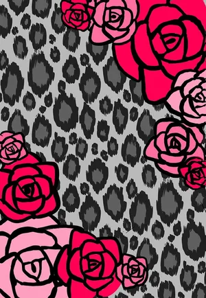 Pink Roses Black Leopard Print Pattern Wallpaper