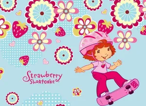 Pink Strawberry Shortcake Skateboarding With Flowers Wallpaper
