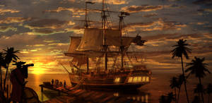 Pirate Ship In Shore Wallpaper