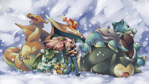 Pokemon Creature In Snow With Charizard Wallpaper