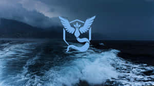 Pokemon Logo On A Blue Ocean With Waves Wallpaper