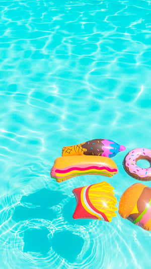 Pool With Inflatable Food Toys Cute Iphone Teal Wallpaper