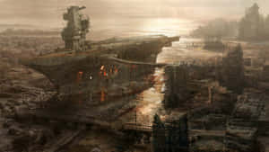 Post Apocalyptic Aircraft Carrier Cityscape Wallpaper