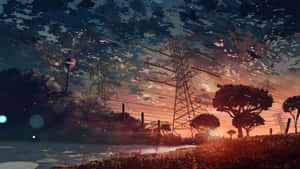 Power Line Beautiful Anime Scenery Wallpaper