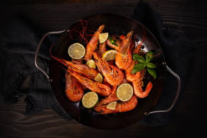 Prawns Lemon Slices And Basil Leaves Wallpaper