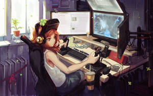 Pretty Girl Cartoon Gamer At Home Wallpaper