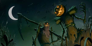 Pumpkin Scarecrows With Scythe Halloween Computer Wallpaper