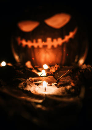 Pumpkin With Lit Candle Halloween Phone Wallpaper