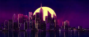 Purple 3440x1440 City With Full Moon Wallpaper