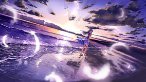 Purple Anime Aesthetic Beach Girl Wallpaper