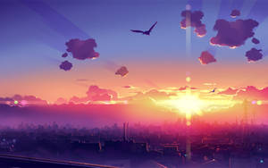 Purple Sky Sunrise Anime City Wallpaper