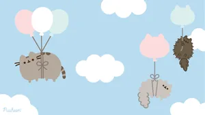 Pusheen Cat Flying In The Sky With Balloons Wallpaper