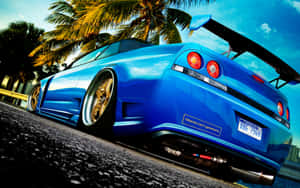 R33 Gtr Blue Low Rise Palm Trees Wallpaper