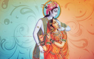 Radha Krishna 3d Blue And Orange Background Wallpaper
