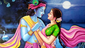 Radha Krishna 3d Blue Full Moon Wallpaper