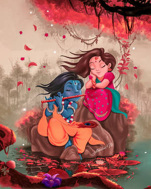 Radha Krishna 3d Date On Pond Wallpaper