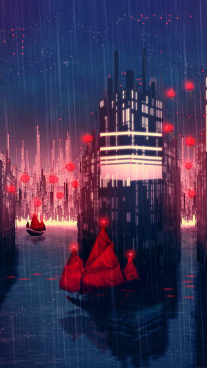 Rainy Anime City Art Mobile Wallpaper