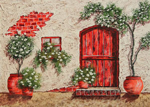 Red Door Of Stone Cottage Painting Wallpaper