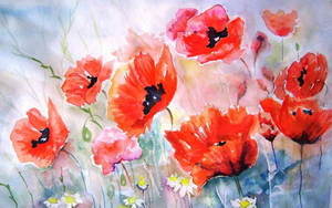 Red Flowers Watercolor Painting Desktop Wallpaper