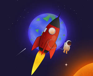 Red Rocket Ship With Astronaut Wallpaper