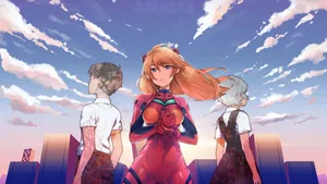 Rei Ayanami Posing Beside Mecha Unit In Iconic Neon Genesis Evangelion Scene Wallpaper