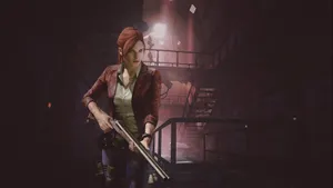Resident Evil 2 Claire With Shotgun In Dark Building Wallpaper