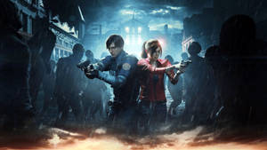 Resident Evil 2 Leon And Claire On Rain And Fire Wallpaper