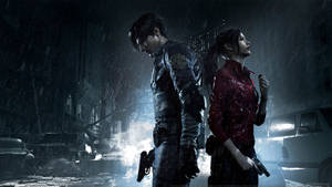 Resident Evil 2 Leon And Claire Rainy Street Wallpaper