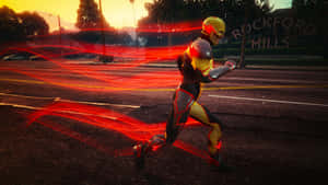 Reverse Flash Speedingin Sunset Cityscape Wallpaper