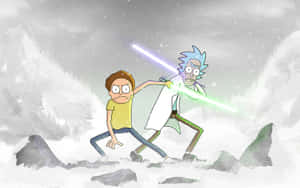 Rick And Morty Macbook Holding Lightsabers Snow Wallpaper