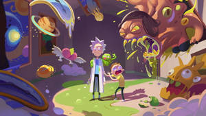 Rick And Morty Stoner Duo Surrounded By Monsters Wallpaper