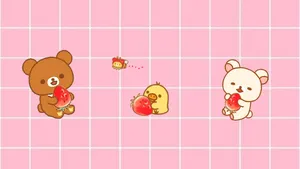 Rilakkuma Eating Strawberry Cute And Pink Background Wallpaper