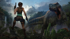 Rise Of The Tomb Raider Lara Vs. Dinosaur Wallpaper