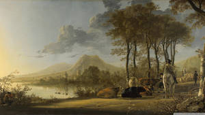 River Landscape With Horseman And Peasants Painting Wallpaper