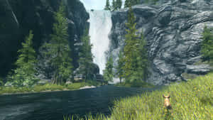 Rocky Waterfalls Skyrim Landscape Wallpaper