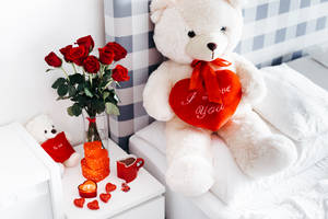 Romantic Love Flowers Roses And Teddy Bear Wallpaper