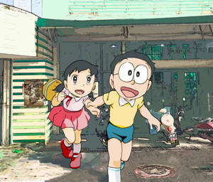 Running Nobita Shizuka Love Story Wallpaper