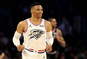 Russell Westbrook In White Jersey Wallpaper
