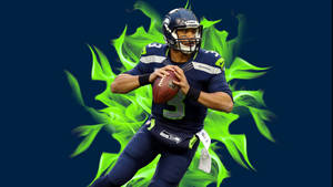 Russell Wilson In Front Of Green Flames Wallpaper