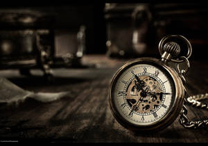 Rustic Table With Watch Tiempo Background Wallpaper