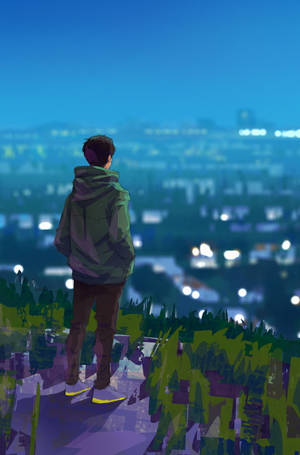 Sad Anime Boy Over Hill Aesthetic Wallpaper